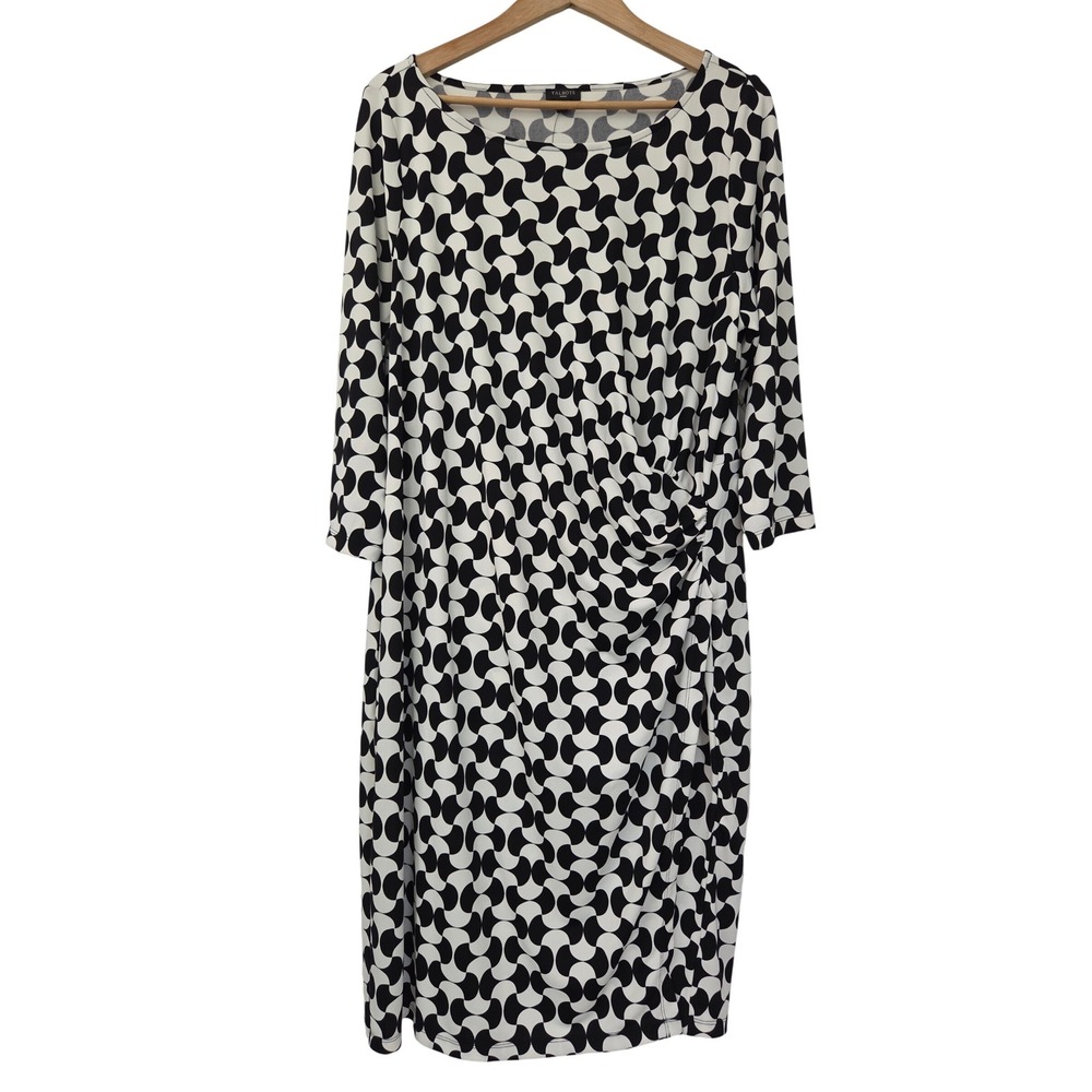 Talbots Faux Wrap Geometric Print Dress Womens 2X Black White NWT $149 276453